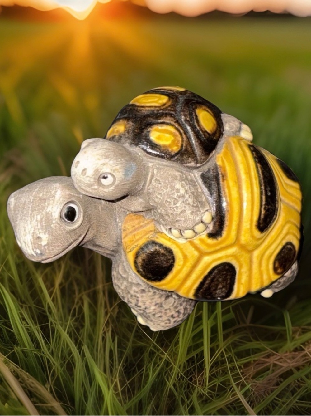 Miniature Turtle Figurine Mother and Baby Yellow Brown Resin Collectible Decor